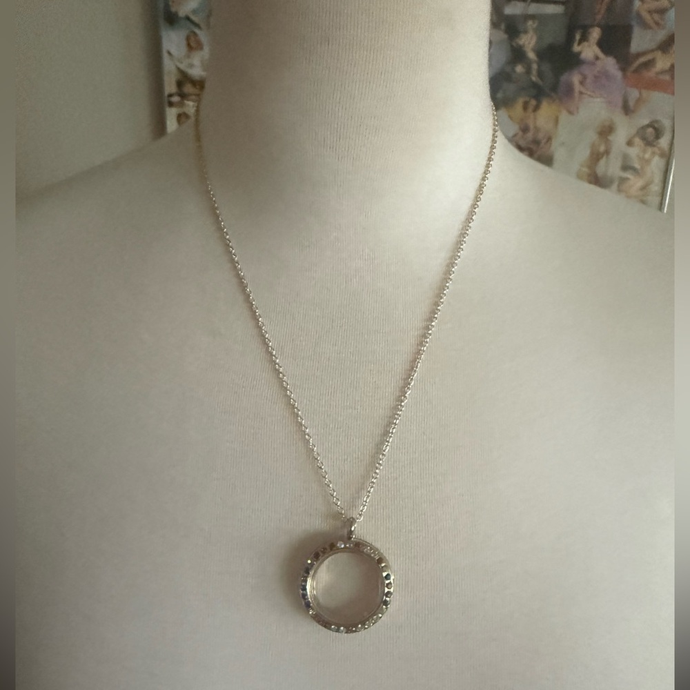 Silver Locket Pendant Necklace with Multi-colored Stones and Magnifying Glass